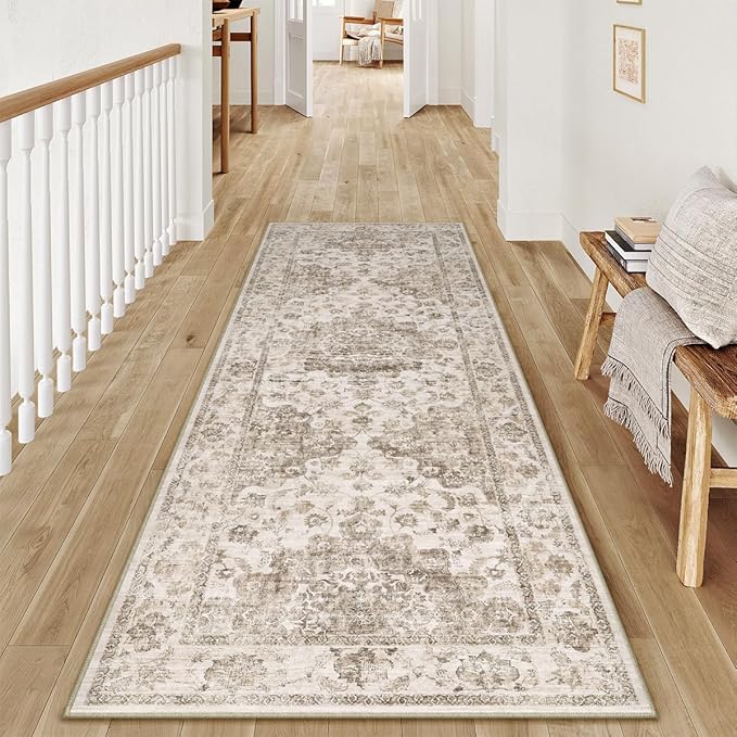 2x5 Washable Neutral Runner Rug Brown Vintage Hallway Kitchen Carpet Non-Slip Soft Low Pile Floral Throw Rug for Bedroom Bathroom Laundry Living Room