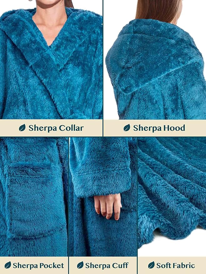 PAVILIA Women Hooded Plush Soft Robe | Fluffy Warm Fleece Sherpa Shaggy Bathrobe