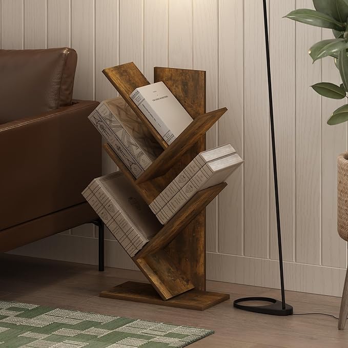 Furinno Tree Book Shelf, 5-Tier Bookshelf, Tree Bookcase for Room Decor, 8.4 x 15.7 x 30.3, for Living Room, Bedroom, Home Office, Amber Pine