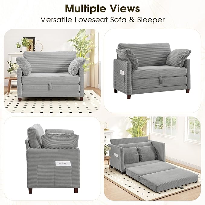 51" Convertible Loveseat Sofa Bed, 2-in-1 Folding Sofa Bed with 2 Pillow for Small Spaces, Modern Loveseat Sleeper Couch for Apartment, Living Room & Guest Room (Light Grey Corduroy, 51 inch)