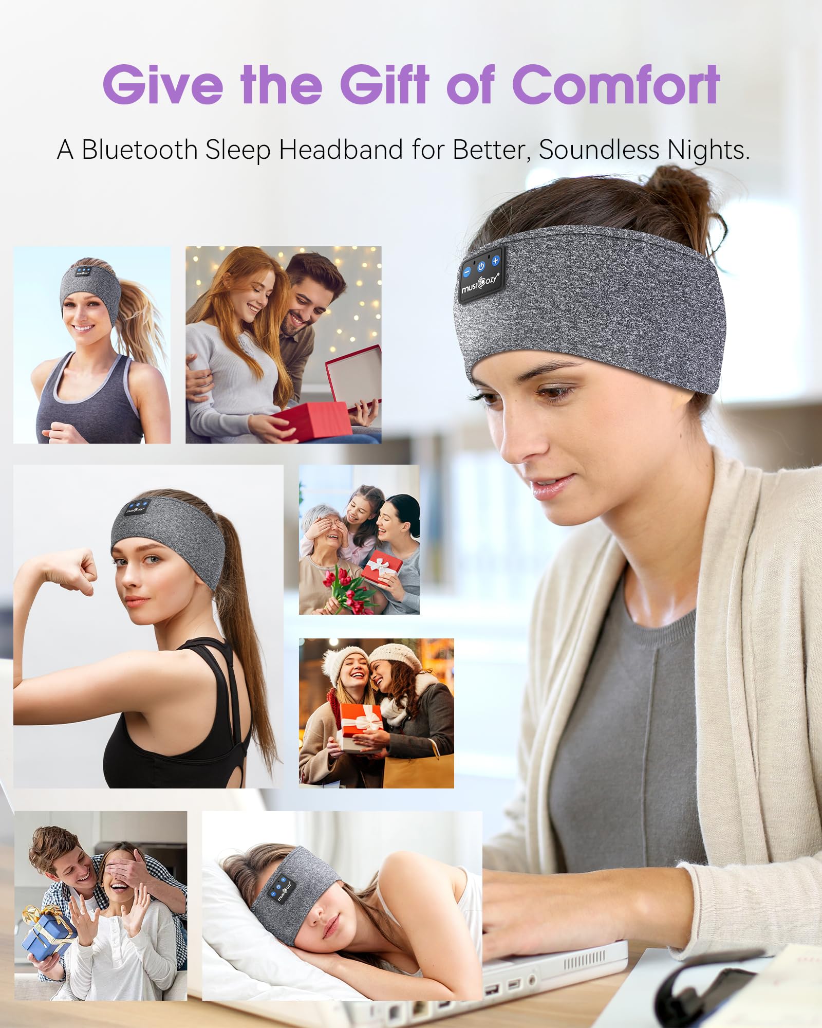MUSICOZY Sleep Headphones Bluetooth 5.4 Headband, Sports Wireless Earphones Sweat Resistant Earbuds Sleeping Headphone with Ultra-Thin HD Stereo Speaker for Workout Running Cool Gadgets Unique Gifts Dormly