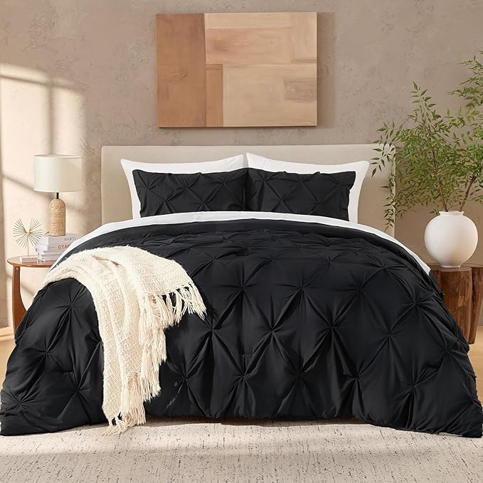 Andency Black Comforter Set Oversized Queen(98x98Inch), 3 Pieces Comforter for Girls Kids, Soft Microfiber Pinch Pleat Comforter Set, All Season Lightweight Bedding Set