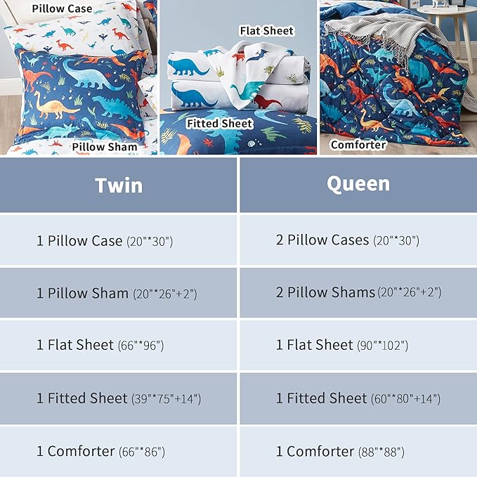 Dinosaur Kids Bedding Set for Boys, Queen Size 7 Pieces Bed in a Bag, Super Soft Lightweight Microfiber Comforter Set with Sheets, Durable Children Bed Set
