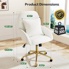 Home Office Desk Chair Comfy with Adjustable Swivel Wheels, Modern Velvet Makeup Vanity Chair with Back & Pillow, Ergonomic Office Chair Computer Task Chair for Living Room, Bedroom, White