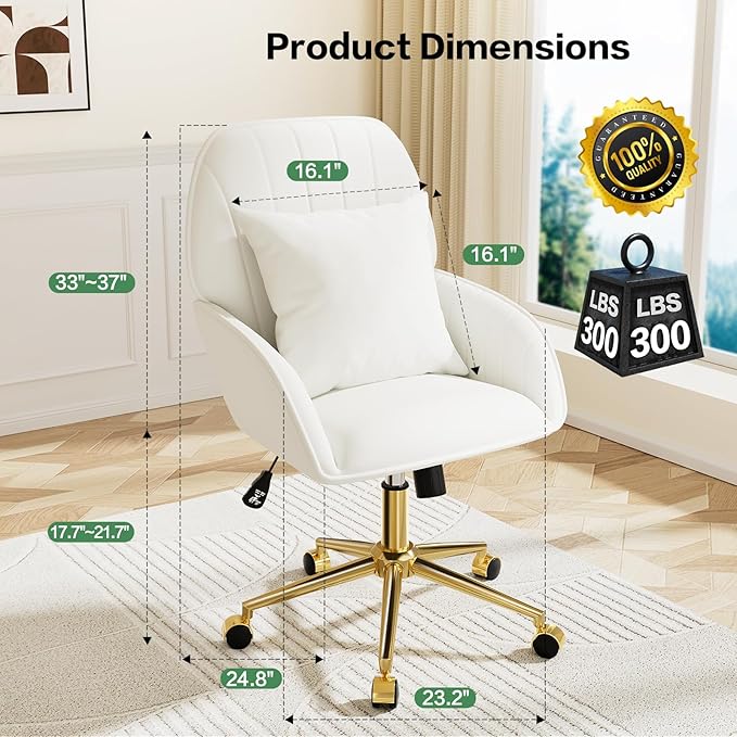 Home Office Desk Chair Comfy with Adjustable Swivel Wheels, Modern Velvet Makeup Vanity Chair with Back & Pillow, Ergonomic Office Chair Computer Task Chair for Living Room, Bedroom, White