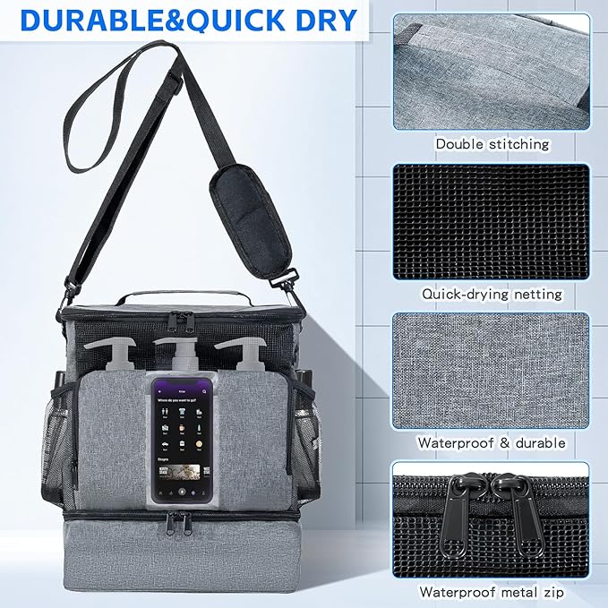 Grey Portable Mesh Shower Organizer – Hanging Toiletry Bag with Handles & Strap, Quick-Dry for Bathroom, Gym, Travel, Camping & College Dorms