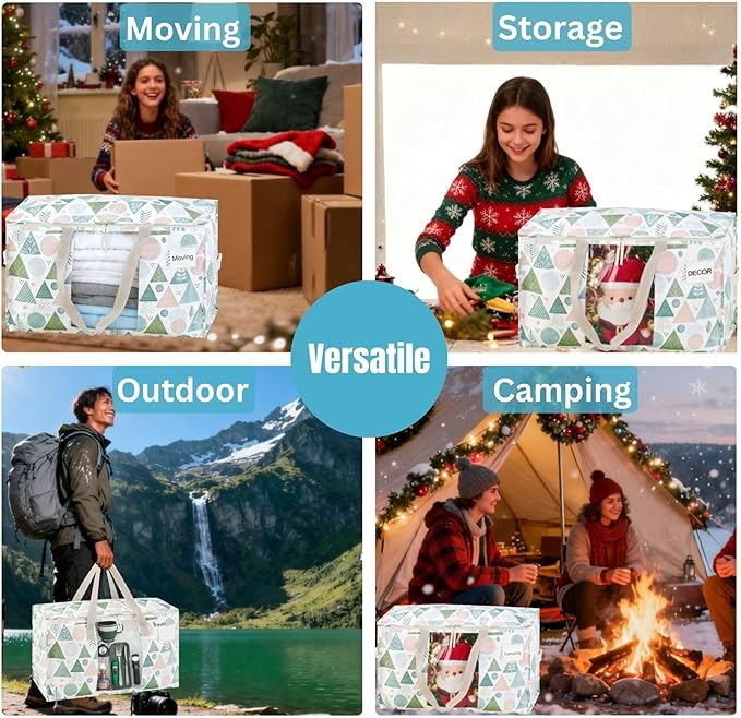 VENO 2 Pack Moving Bags, Large Christmas Storage Bins with lids, Packing Supplies for College, Alternative to Moving Boxes, Foldable, Heavy-Duty Tote, Christmas Pattern (Pastel Forest, 2 Pack)