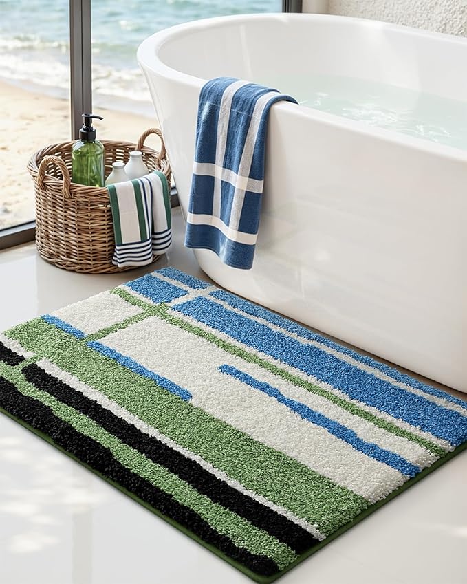 DEXI Striped Bath Mats for Bathroom 36x24, Washable Absorbent Bathroom Rugs with Non Slip Backing, Extra Soft Plush Microfiber Shower Rugs for Tub, Floor, Sink, Blue and Green