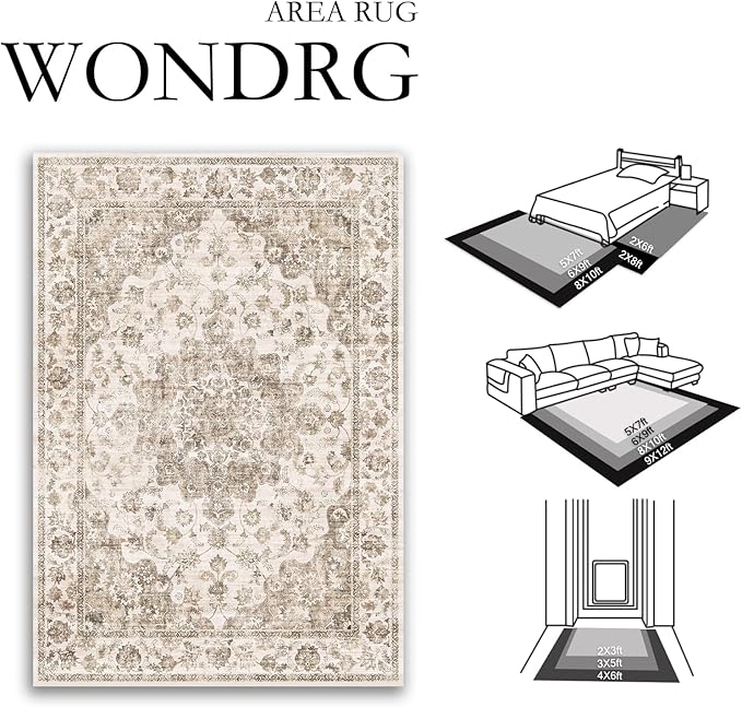 12x15 Neutral Area Rug Brown Vintage Living Room Bedroom Washable Carpet Non-Slip Soft Low Pile Floral Indoor Large Throw Rug for Dining Room Office