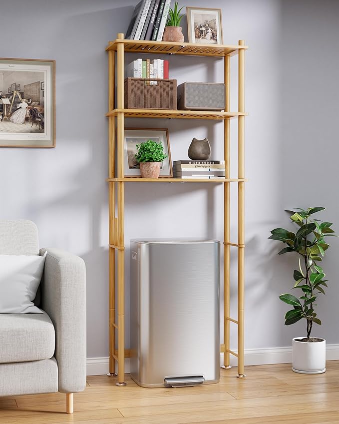 Kitsure Over The Toilet Shelf - 3-Tier Bamboo Bathroom Organizers and Storage with Paper Holder, Over Toilet Bathroom Organizer with Wall Anchor for Balcony, Laundry, Natural, 3 Tiers (63" H)