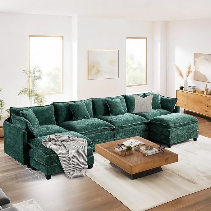 SoarFlash 149.61" Chenille Sectional Sofa, Comfy U Shaped Modular Coush Sofa with Ottoman, Modern 4 Seat Couch Deep Seat Sofa Set for Living Room,Green