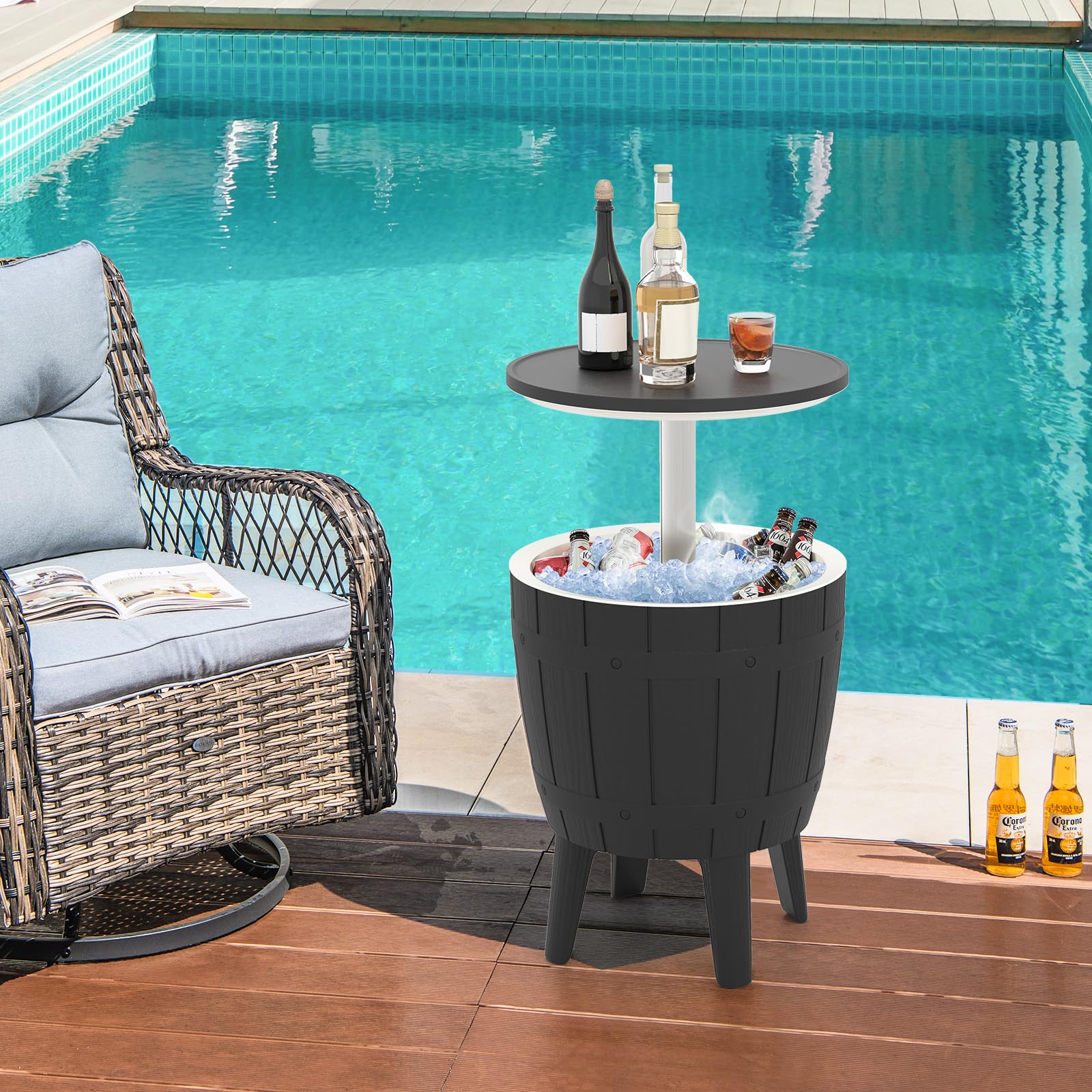 Giantex Cooler Side Table Outdoor, 10 Gallon Ice Cooler with Drainage Plug, Adjustable Height, 3-in-1 Cocktail Patio Par Table for Beer Wine Storage, Deck Pool Backyard Party, Taupe (Wood-Style)