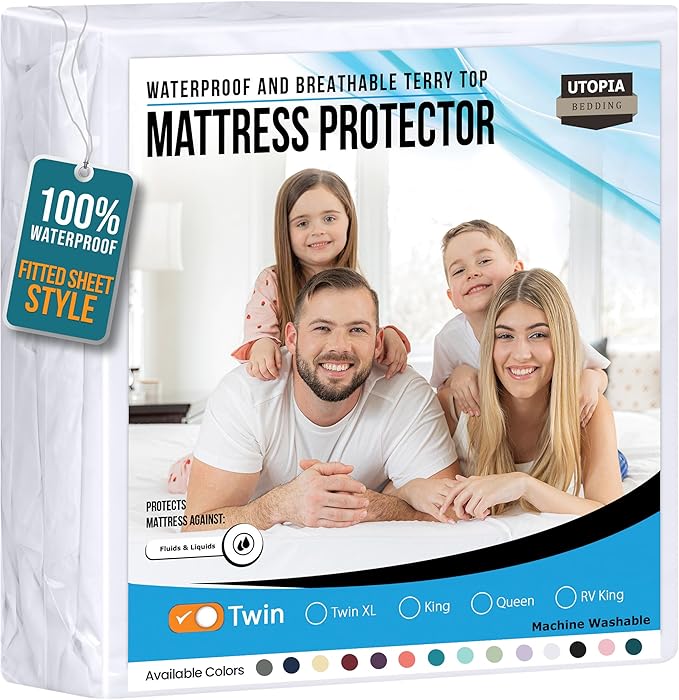 Utopia Bedding Waterproof Mattress Protector Twin Size, Premium 200 GSM Terry Mattress Cover, Soft & Breathable Bed Cover, Fitted Sheet Style with Stretchable Deep Pockets 15" (White)