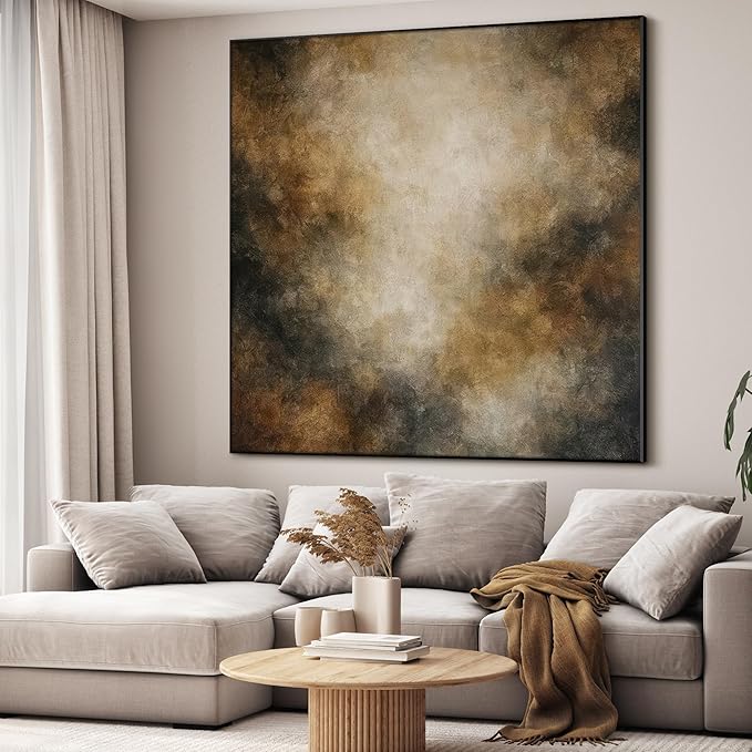 72"x72" XL Framed Wall Art - Neutral Abstract Brown and Beige Cloud-Like Painting Minimalist Foggy Forest Tranquil (Frame Assembly Required)