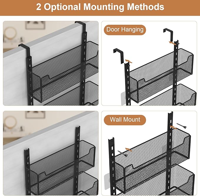 Over The Door Organizer, 8-tier Metal Door Organizer Hanging with Adjustable Baskets, Behind The Door Storage for Bedroom Closet Bathroom Pantry Cabinet Kitchen, Black