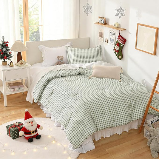 Andency Sage Gingham Comforter Set Twin(66x90Inch), Green Checkered Grid Plaid Buffalo Bed Set for Girls Boys Kids Teens, 2 Pieces Lightweight Microfiber Geometric Preppy Bedding