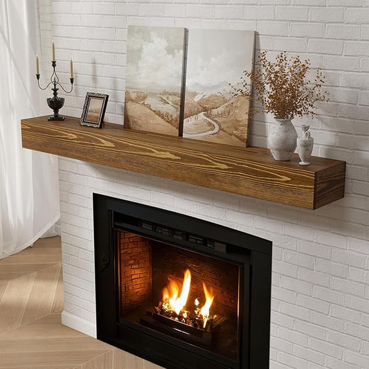 Fireplace Mantel 60inch, Solid Wood Mantel Shelf Handcrafted Rustic, Handcrafted Wood Fireplace Mantels Floating Mantle Shelves Decor for Wall, Bedroom, TV, Books, Livingroom 60 X 8 X 5 - Brown