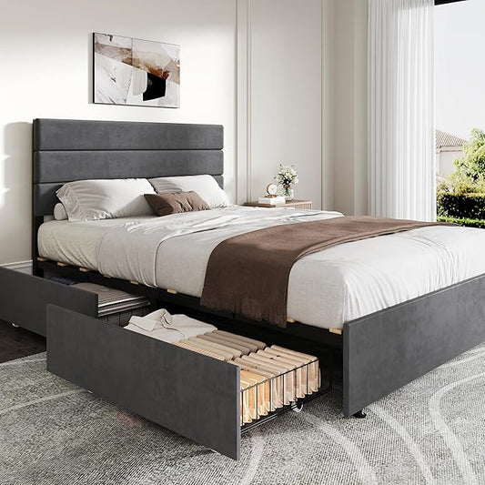WLIVE Full Size Upholstered Bed Frame with 4 Storage Drawers and Headboard, Velvet Platform Bedframe, Sturdy Metal & Wooden Slats Support, No Box Spring Needed, Easy Assembly, Dark Grey