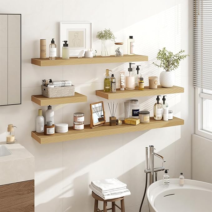 72 Inch Floating Shelves, 3D Textured Wood Grain, 72"x9.25"x1.5" Inch Deep Floating Shelves for Wall, Wooden Shelves for Bathroom, Bedroom, Living Room, Natural, 1 Piece