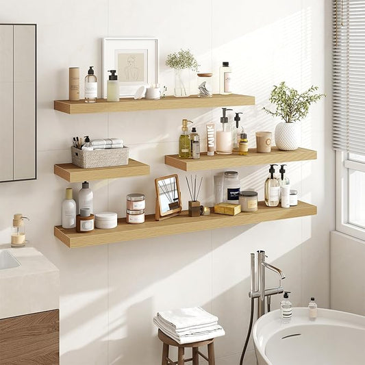 72 Inch Floating Shelves, 3D Textured Wood Grain, 72"x9.25"x1.5" Inch Deep Floating Shelves for Wall, Wooden Shelves for Bathroom, Bedroom, Living Room, Natural, 1 Piece