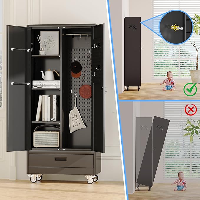 SUXXAN Broom Closet with Wheels 71"x 31.5"x15.75", Metal Cleaning Cabinets with Drawer Hooks and Hanging Rods, Lockable Cabinet with Pegboard, Adjustable Shelf,for Garage, Laundry Room