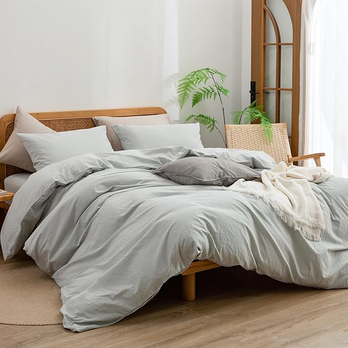 BESTOUCH Duvet Cover Set 100% Washed Cotton Linen Feel Super Soft Comfortable Chic Lightweight 3 PCs Home Bedding Set Solid Northern Droplet Grey Queen