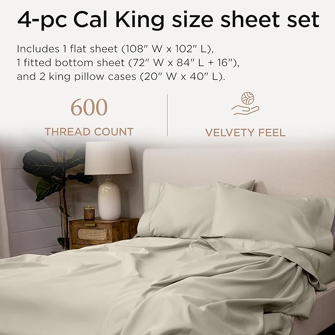 Threadmill California King Sheet Sets | 600 Thread Count Cal King Bed Sheets Set with 16” Deep Pocket | Sateen Weave 4-Piece Bedding Set with Cooling Effect | Taupe