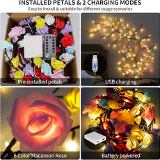 Macaroon Rose Blossom Enchanted Willow Vine Lights, 7.55FT 144LED 6 Color Blossom Tree Branch Lights for Wall, Remote Timer,8 Light Model,Bedroom Wall Doors Wedding, Christmas, USB Battery Box