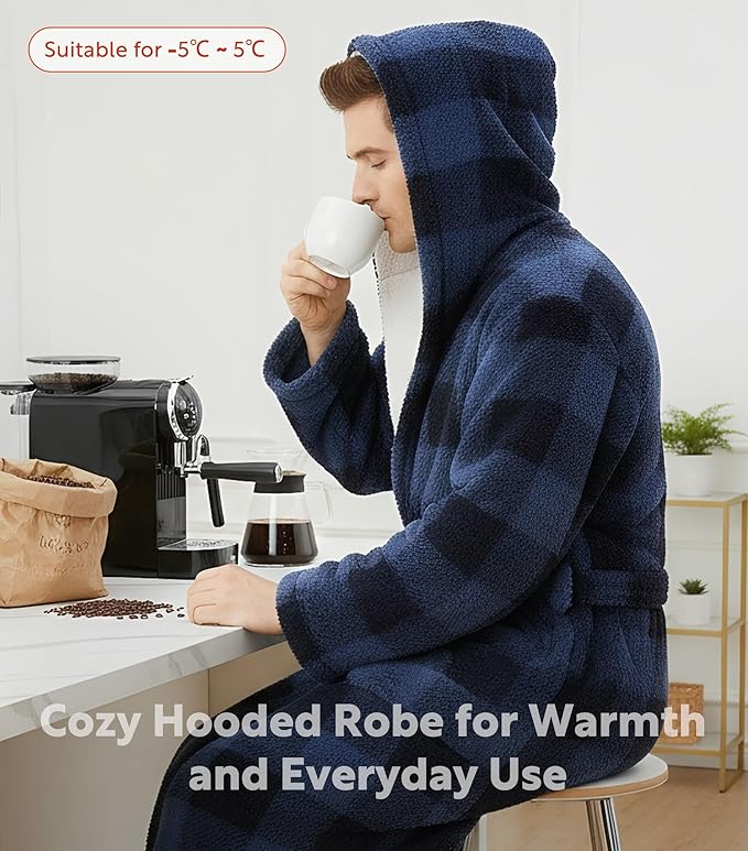 DAVID ARCHY Men's Hooded Robe Soft Coral Fleece Microfiber Bathrobe