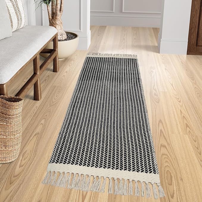Lahome Boho Hallway Runner Rug, 2x6 Laundry Room Lightweight Entry Woven Cotton Throw Mat with Tassels, Farmhouse Non Shedding Washable Black Low Pile Runner for Kitchen Bathroom