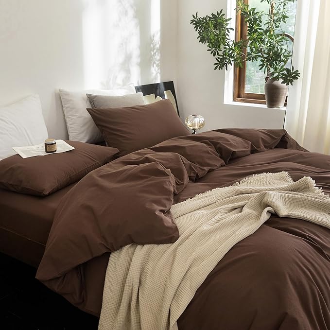 FOSSA Duvet Cover Set 100% Washed Cotton Linen Feel Super Soft Breathable Cozy 3 Pieces Bedding Sets Solid Cocoa Brown King