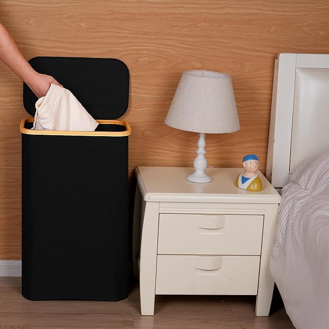 efluky Slim Laundry Basket with Lid, Narrow Laundry Hamper with Removable Bag, Skinny Dirty Clothes Basket with Bamboo Handles for Bathroom, Bedroom & Laundry Room, 75L Black