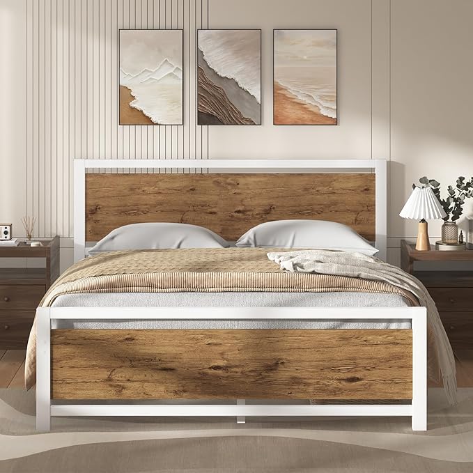 Bed Frame Queen Size, Queen Bed Frame with Headboard, Queen Size Bed Frame with Wooden Footboard, Industrial Style, No Box Spring Needed, Noise-Free, Easy Assembly, White Brown