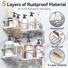 YASONIC Corner Shower Caddy Organizer, 5-Pack Self-Adhesive Rustproof Bath Shelves with Soap Holder & 4 Hooks, Large Capacity Shower Storage Rack for Bathroom Organization, Silver