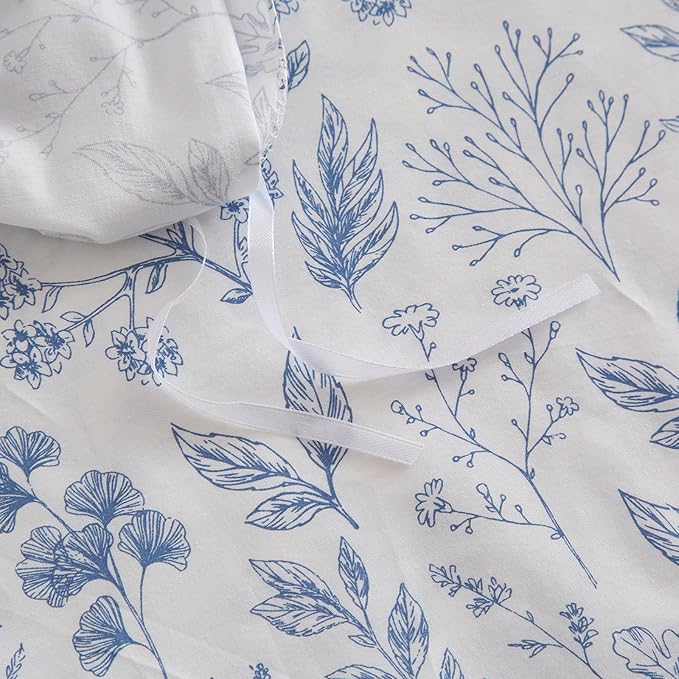mixinni Blue Flowers Duvet Cover for Teenage Girls Twin XL Size Floral Leaf Printed Soft Cotton Floral Bedding Set with Zipper Closure 4 Corner Ties for Women-Twin XL Size