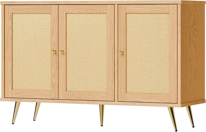 JAMFLY Buffet Cabinet with Set of 2 Storage, Kitchen Storage with 3 Rattan Decorated Doors, Accent Cabinet Sideboard for Dining Room, Living Room, Entryway, Hallway, Natural
