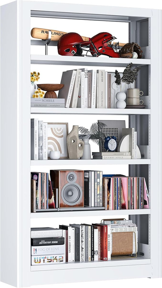 Metal Bookshelf, 5 Tier Bookshelf with Adjustable Shelves, White Bookshelf, Heavy Duty 69” Tall Bookcase, Large Book Case Book Shelf for Bedroom, Living Room, Office, Library