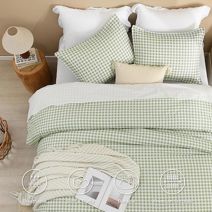 Andency Sage Gingham Comforter Set Full(79x90Inch), Green Checkered Grid Plaid Buffalo Bed Set for Girls Boys Kids Teens, 3 Pieces Lightweight Microfiber Geometric Preppy Bedding