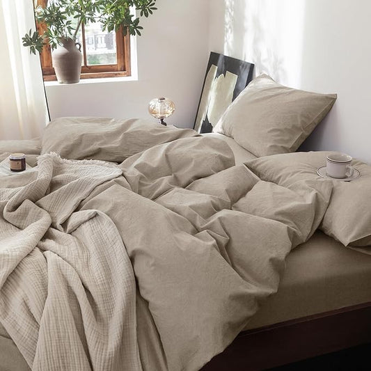 FOSSA Duvet Cover Set 100% Washed Cotton Linen Feel Super Soft Breathable Cozy 3 Pieces Bedding Sets Solid Tannish Linen Grey Twin/Twin XL