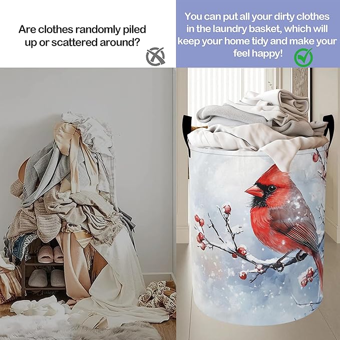 Cardinal BirdLaundry Basket,Winter Flowers Large Canvas Fabric Lightweight Storage Hamper Organizer Dirty Clothes Collapsible Waterproof for College Dorms,Bathroom