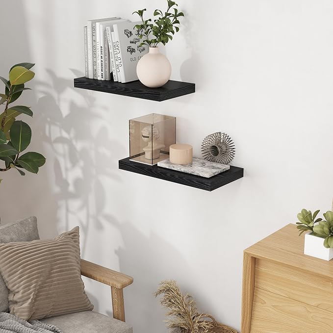 Floating Shelves 16 Inch Long, Wall-Mounted Bathroom Shelves Set of 2, 9.3 Inch Deep Shelf for Home Storage & Display, Wooden Deep Wall Shelves for Bedroom, Living Room, Kitchen, Black Color