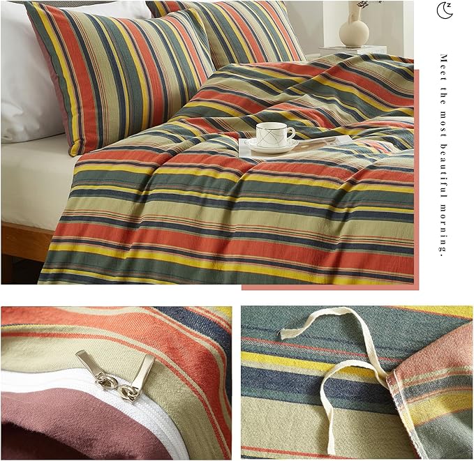 VM VOUGEMARKET Multicolor Striped Duvet Cover Queen Size Washed Cotton Stripes Bedding Duvet Cover Set - Cozy Boho Stylish Bedding Set for Men & Women