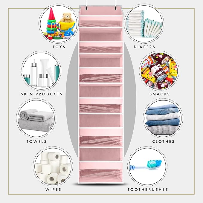 HOMELUX THEORY UPGRADED Over The Door Organizer Hanging - 100D EXTRA THICK & 50lbs HUGE CAPACITY 6 Large Front & 12 Side Pockets, Over The Door Shoe Organizer, Hanging Closet Organizer (Baby Pink 2pc)
