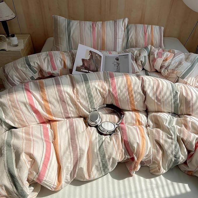 VM VOUGEMARKET Multicolor Striped Duvet Cover Set King Washed Cotton Bedding Stripes Duvet Cover with 2 Pillowcases for Girls Women(Orange/Pink/Green/Coffee)