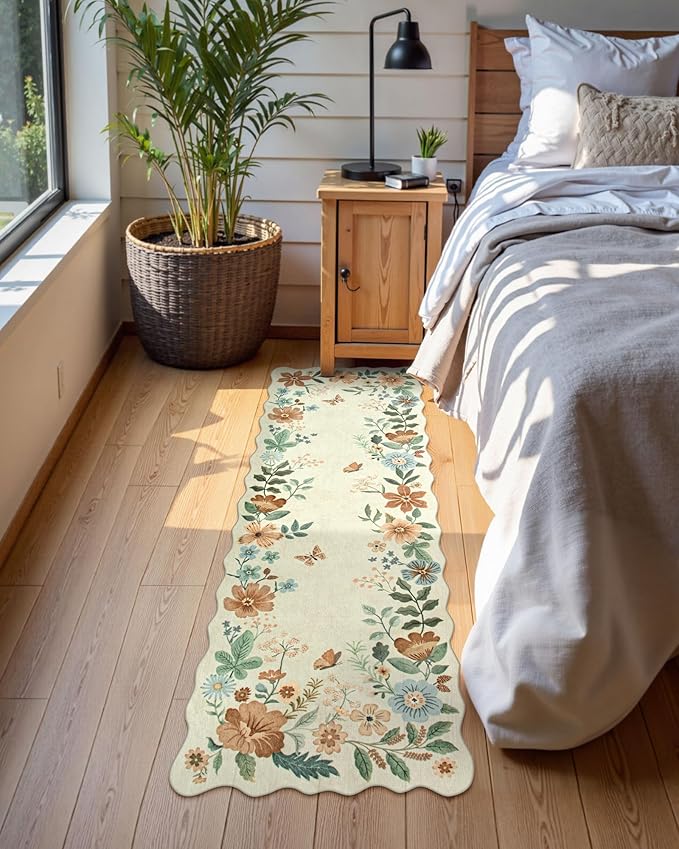 Lahome Floral Kitchen Runner Rug, 2X6 Rug Runners for Hallways Non Slip Ultra-Thin Soft, Non Slip Washable Runner Low-Pile Stain Resistant Boho Carpet for Bathroom Bedroom(2x6ft,Beige)
