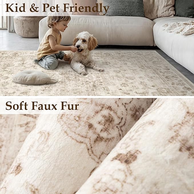 5x7 Washable Neutral Area Rug Beige Vintage Living Room Bedroom Carpet Non-Slip Soft Medium Pile Floral Indoor Throw Rug for Dining Room Entryway Office