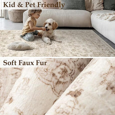 6x9 Washable Neutral Area Rug Beige Vintage Living Room Bedroom Carpet Non-Slip Soft Medium Pile Floral Indoor Throw Rug for Dining Room Entryway Office