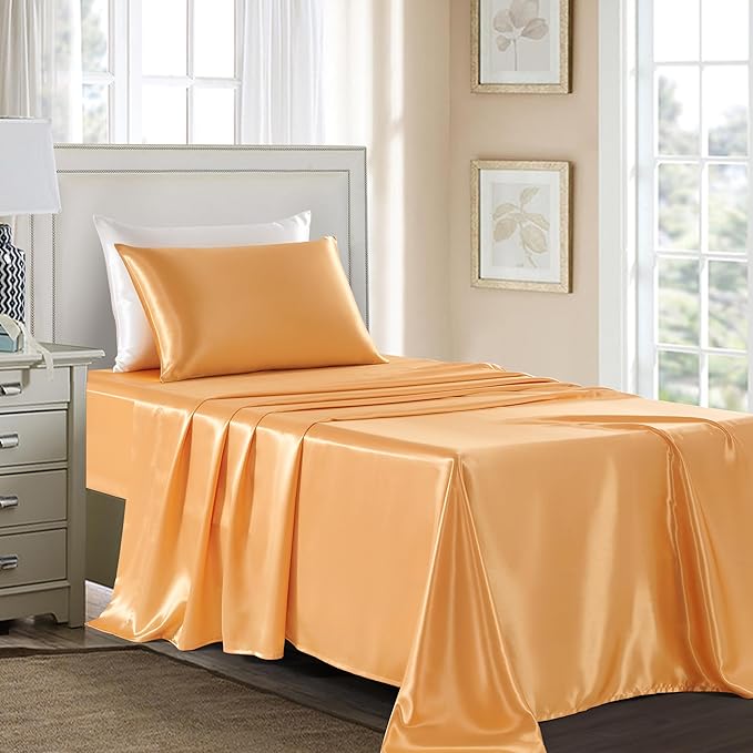 Satin Sheets Twin XL Size - 3 Pieces Luxury Silky Soft Bed Sheets, Wrinkle-Free Gold Satin Silk Sheet Set with 1 Deep Pocket Fitted Sheet, 1 Flat Sheet, 1 Pillow case