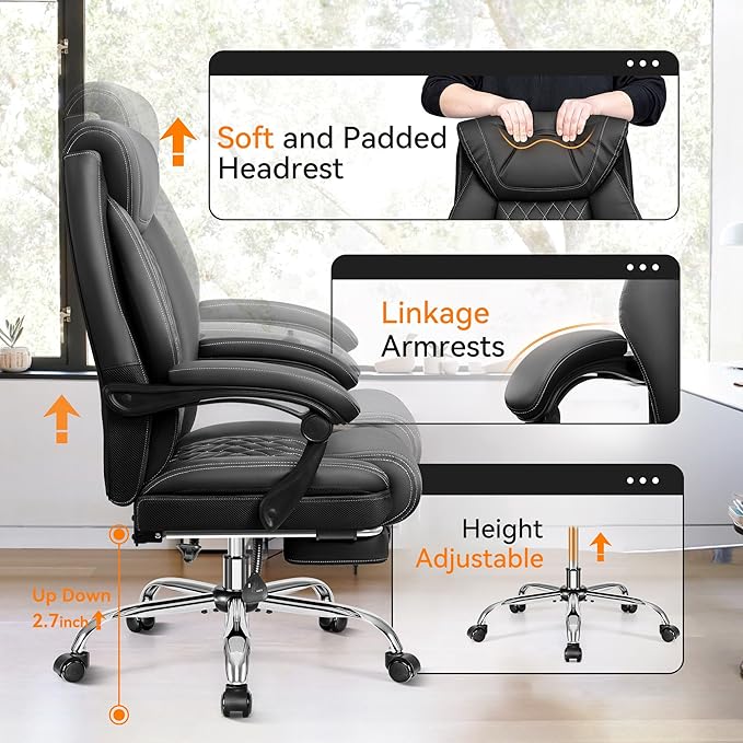 Office Chair, Executive Leather Chair Adjustable High Back, Ergonomic Computer Desk Chair Lumbar Support, Big and Tall Office Chair with Footrest, Comfy Reclining Chair for Home Office