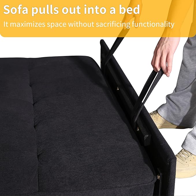 EJUNQ Pull Out Couch, Convertible Sofa Bed with USB and Reclining Backrest, Modern 3 in 1 Sleeper Sofa Couch Bed with Side Pockets, Comfortable Loveseat Sleeper for Small Spaces.(Black)